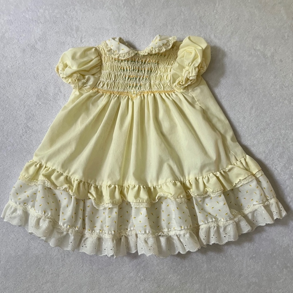 Polly Flinders Smocked Dress Yellow Vintage Floral Lace 24 Months